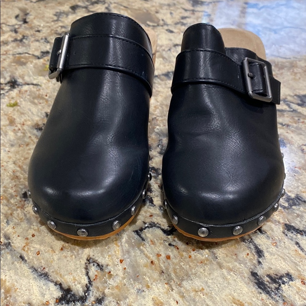 MIA Black Leather Clogs with Buckle